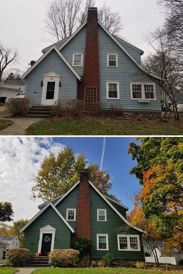 Antes y después de la renovación  en el hogar , fachada de la casa