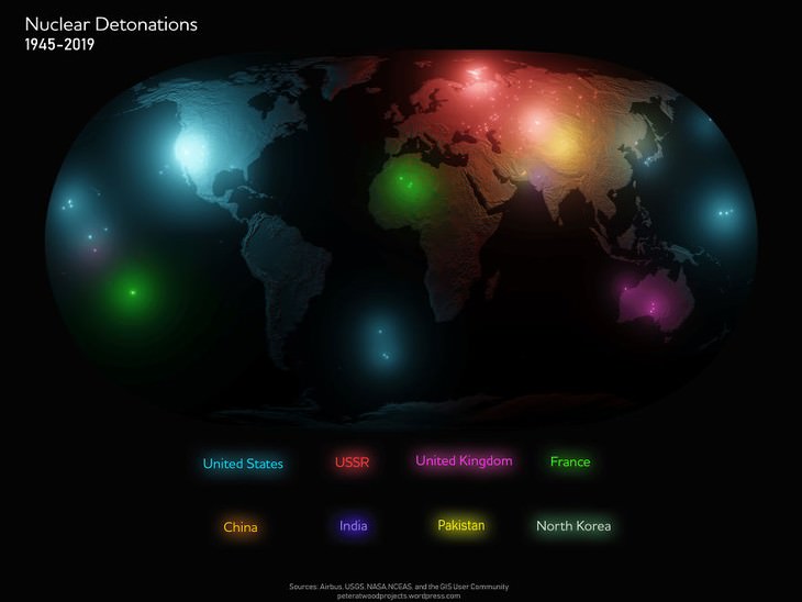 El mapa mundial de todas las explosiones nucleares realizadas desde 1945 hasta 2019