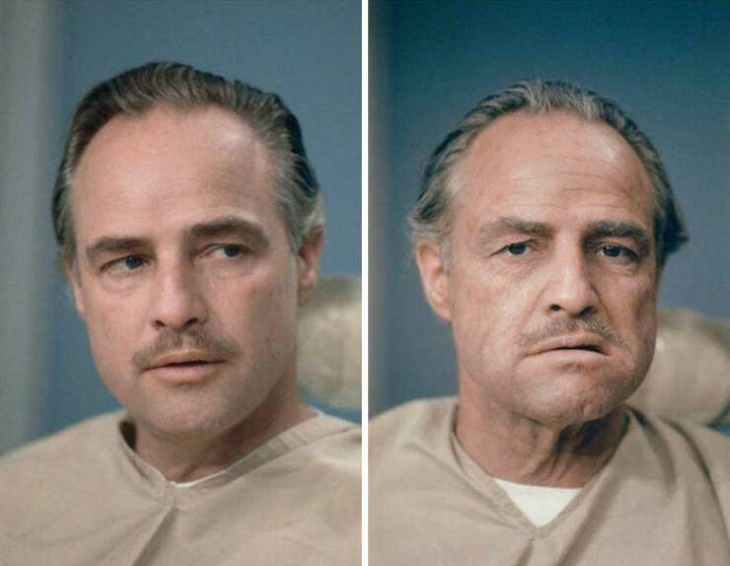 Fotos De Celebridades Nunca Antes Vistas, Marlon Brando fotografiado antes y después del maquillaje como Don Corleone