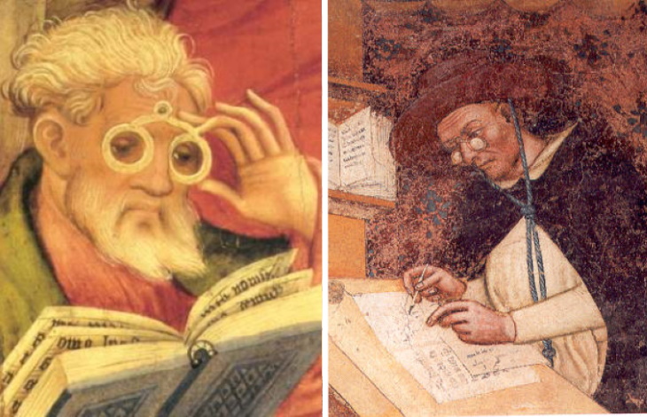 Inventos medievales Las primeras representaciones de gafas: el "Apóstol de las gafas" en Bad Wildungen (1403, izquierda); el cardenal dominico Hugh de Saint-Cher (1352, derecha)