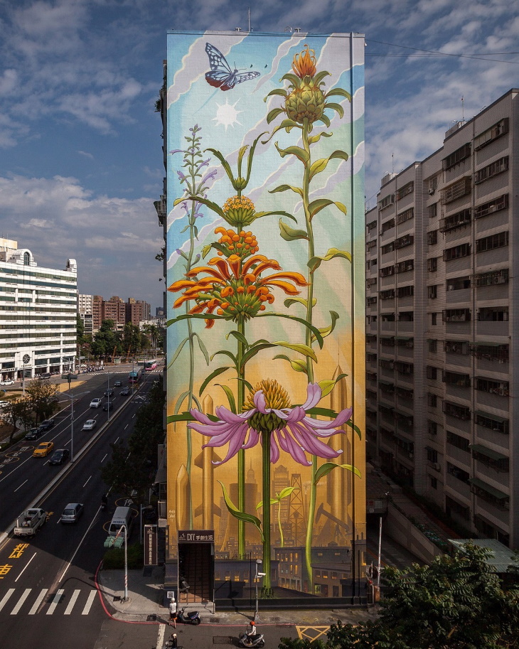 Murales De Flores En Edificios, flores y mariposas