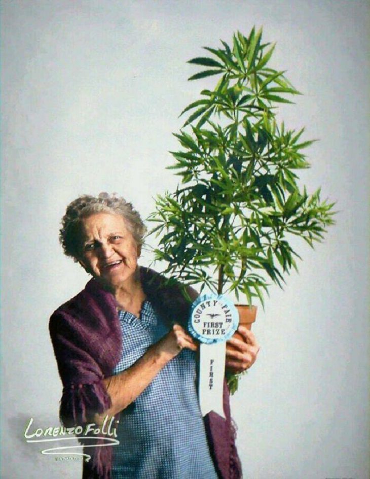 Fotos Históricas a Color, anciana con planta de marihuana
