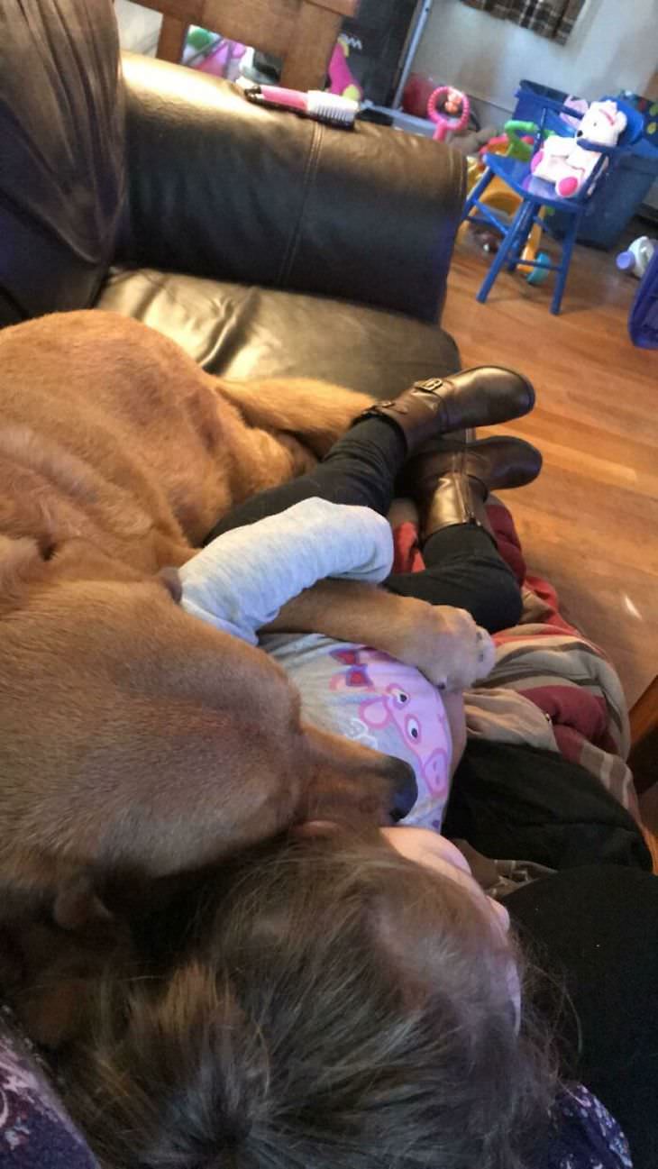 Amistad Entre Niños y Sus Perros, niña y perro descansando juntos