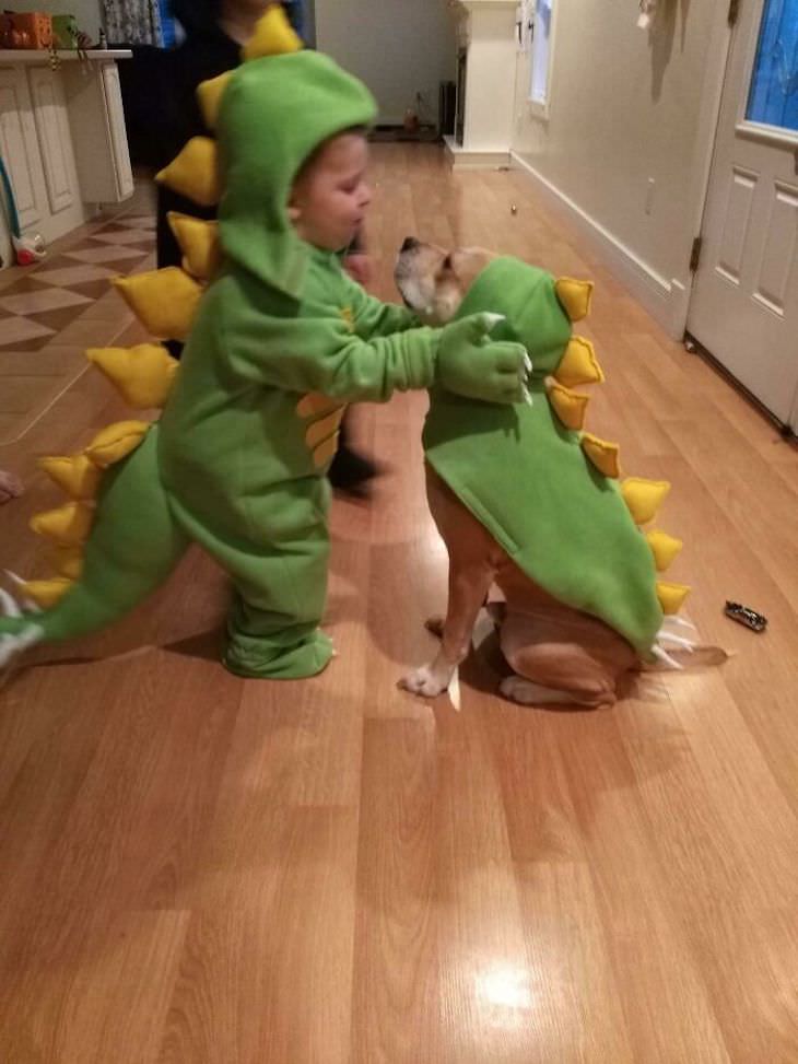 Amistad Entre Niños y Sus Perros, niño y su perro con disfraz de dinosaurio