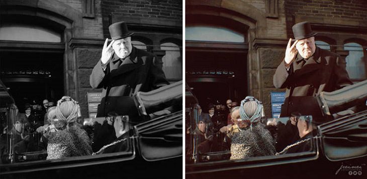 Fotos Históricas a Color, Winston Churchill con un cigarro en la boca, haciendo su famoso signo 'V' 