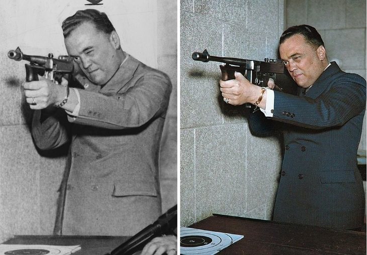 Fotos Históricas a Color, J. Edgar Hoover con una ametralladora Thompson calibre .45, 1936