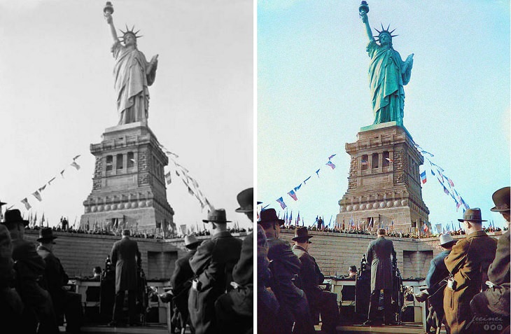 Fotos Históricas a Color, Discurso del presidente Franklin Delano Roosevelt en el 50 aniversario de la Estatua de la Libertad