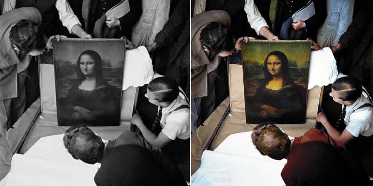 Fotos Históricas a Color, Desembalaje de la Mona Lisa al finalizar la Segunda Guerra Mundial en 1945