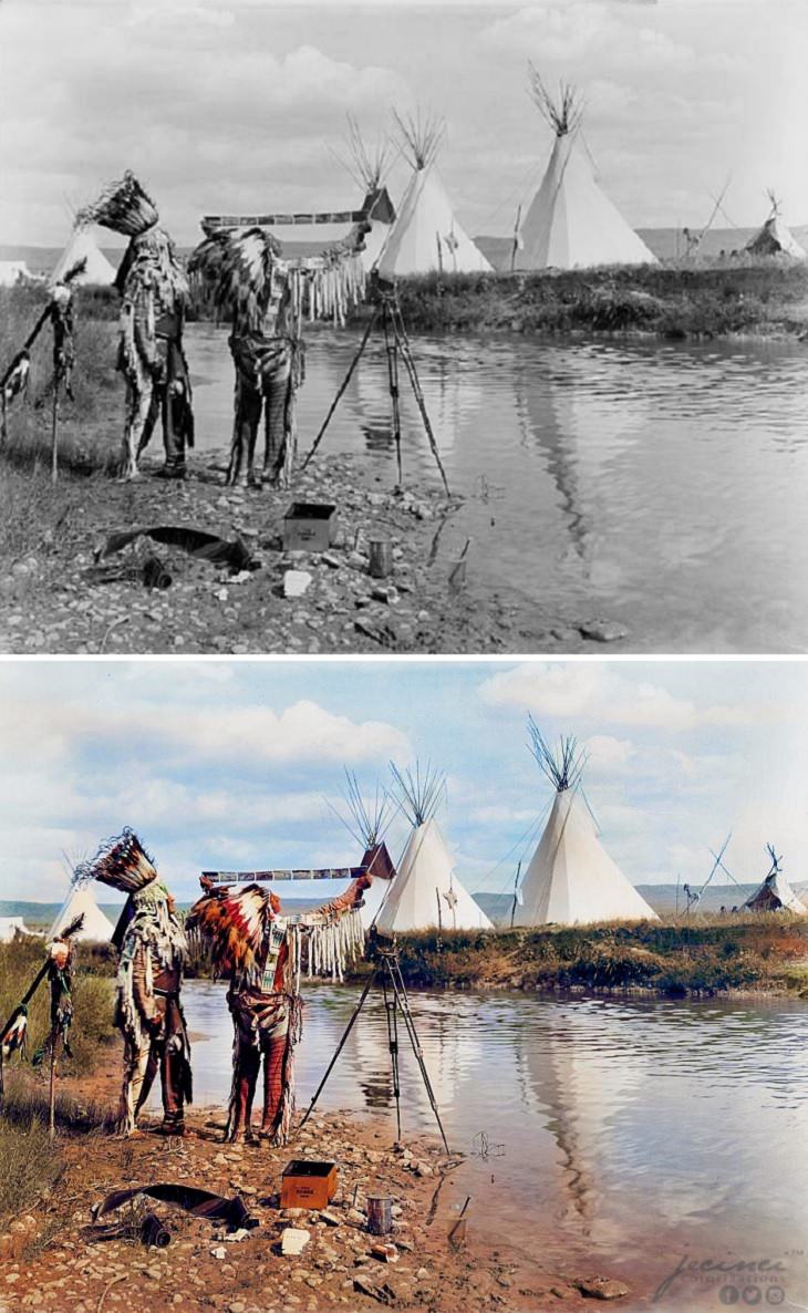 Fotos Históricas a Color, Dos nativos americanos mirando una película fotográfica en 1913