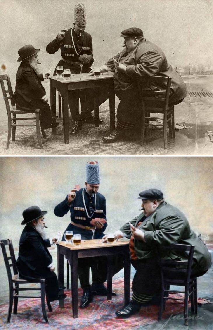 Fotos Históricas a Color, Los hombres más altos, más bajos y más gordos de Europa jugando a las cartas, 1913