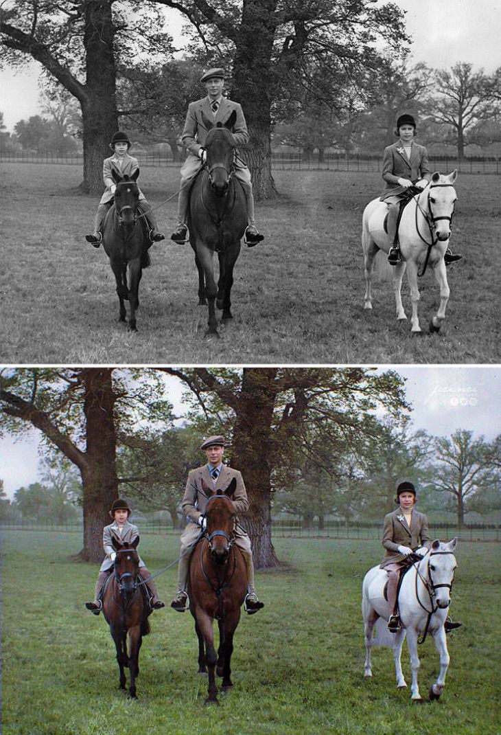 Fotos Históricas a Color, El rey Jorge VI cabalga con sus hijas Isabel yla princesa Margarita en 1939