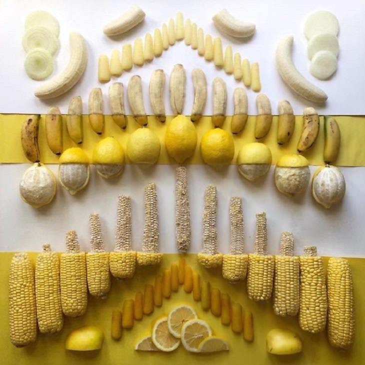 Arte en comida, bananas y maíz