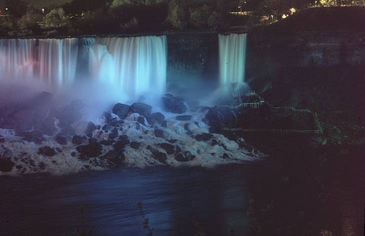 Sights, trails, cruises, activities, natural wonders and fun family events found at Niagara Falls between New York, United States and Ontario, Canada, Bridal Veil Falls at night (with the larger American Falls on the left)