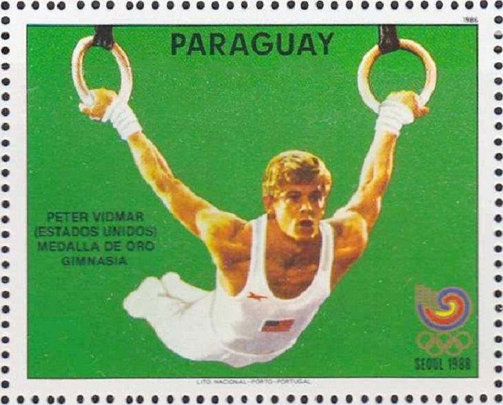 Atletas estadounidenses que ingresaron en el Salón de la Fama Olímpica de Estados Unidos, sello verde de Peter Vidmar (Gimnasia)