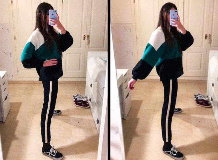 Imágenes que parecen ilusiones ópticas: una mujer tomándose una selfie y sus piernas luciendo estrechas