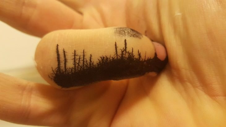 69 / 5,000 Translation results Imágenes que parecen ilusiones ópticas: la tinta derramada en un dedo creó la forma de un bosque quemado