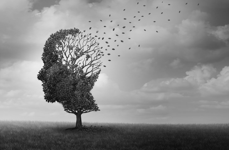 Medicamentos para la enfermedad de Alzheimer y el TDAH árbol con forma de cabeza y hojas marchitas