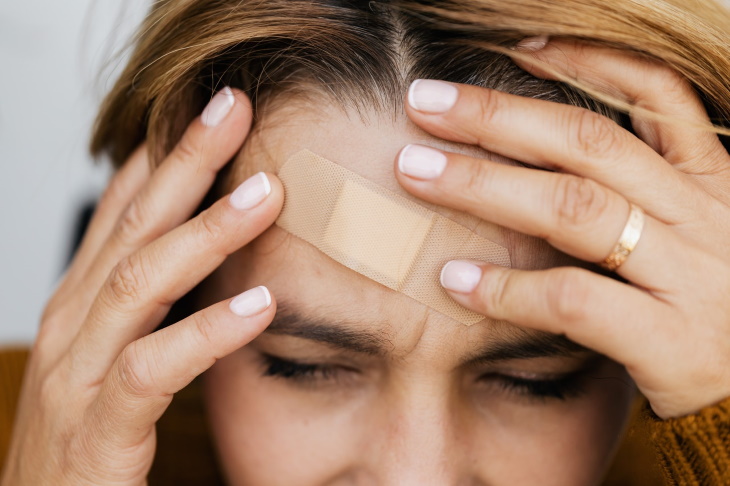 Cicatrización Mujer preventiva con una venda en la cara