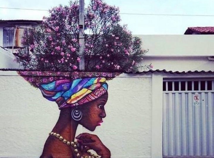 Plantas y arte callejero: el cabello de una hermosa mujer