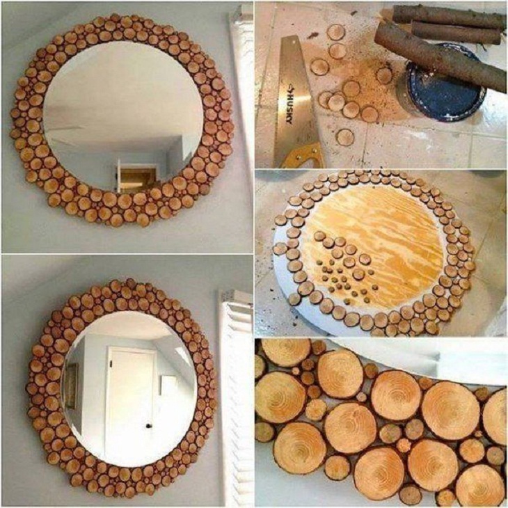 Woodworking Pieces, DIY wood slice mirror 