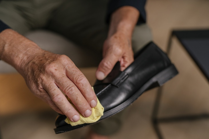 Demencia y Labores Domésticas, adulto mayor limpiando sus zapatos