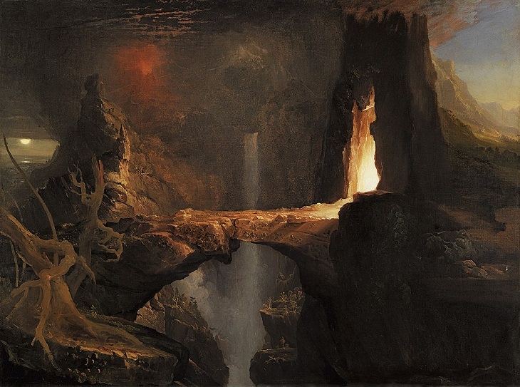 Pinturas De Paisajes De Thomas Cole, luz y luna de fuego