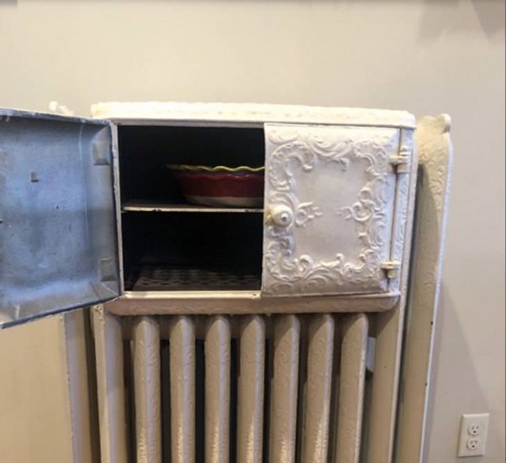 Inventos Del Pasado, radiador antiguo con calentador de comida