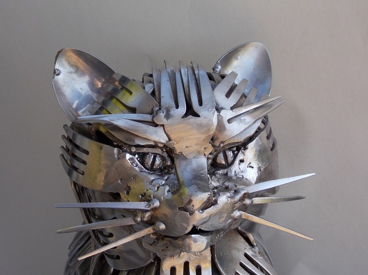 Sculptures welded and made using kitchenware, silverware and other utensils by Ohio Artist diagnosed with Parkinson’s Disease, Gary Hovey, Sitting Cat