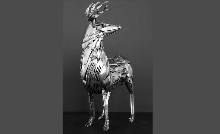 Sculptures welded and made using kitchenware, silverware and other utensils by Ohio Artist diagnosed with Parkinson’s Disease, Gary Hovey, Johns Deer