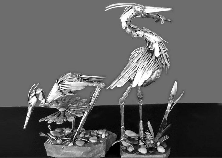 Sculptures welded and made using kitchenware, silverware and other utensils by Ohio Artist diagnosed with Parkinson’s Disease, Gary Hovey, Small Herons