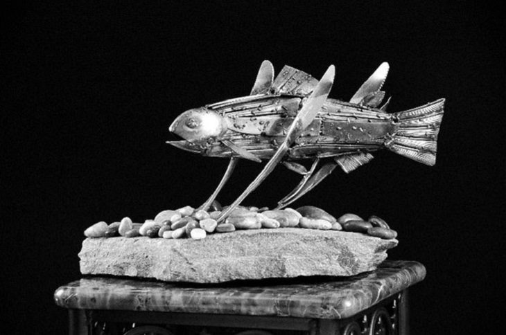 Sculptures welded and made using kitchenware, silverware and other utensils by Ohio Artist diagnosed with Parkinson’s Disease, Gary Hovey, Rainbow Trout