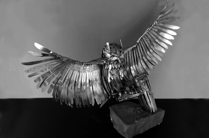 Sculptures welded and made using kitchenware, silverware and other utensils by Ohio Artist diagnosed with Parkinson’s Disease, Gary Hovey, Sticking the Landing; the great horned owl