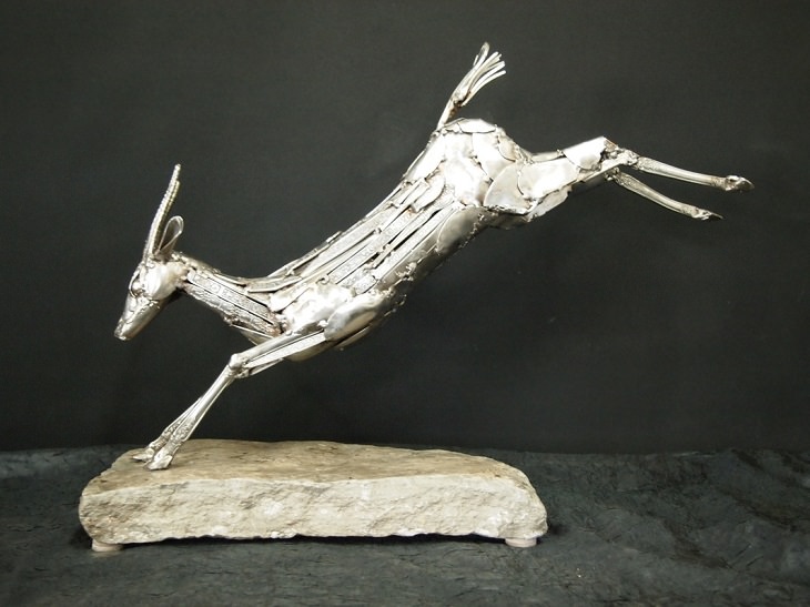 Sculptures welded and made using kitchenware, silverware and other utensils by Ohio Artist diagnosed with Parkinson’s Disease, Gary Hovey, Graceful; gazelle