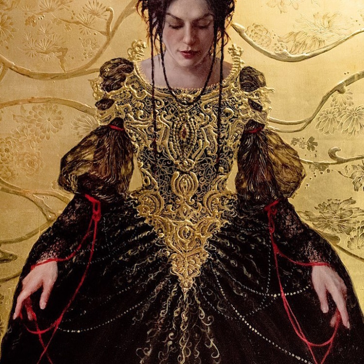 Retratos En Oro De Stephanie Rew, mujer con vestido antiguo dorado con negro