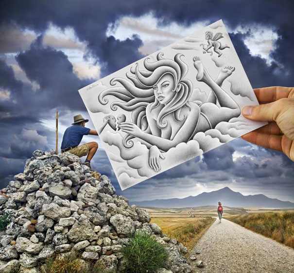 Maravillosos Dibujos Del Artista Ben Heine, hombre en una roca