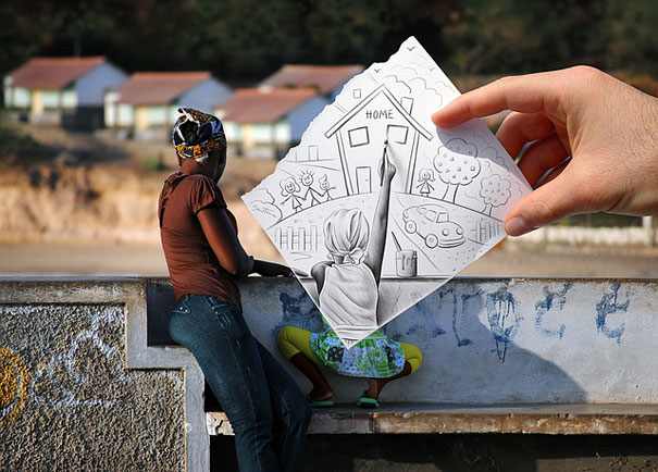 Maravillosos Dibujos Del Artista Ben Heine, mujer en un puente