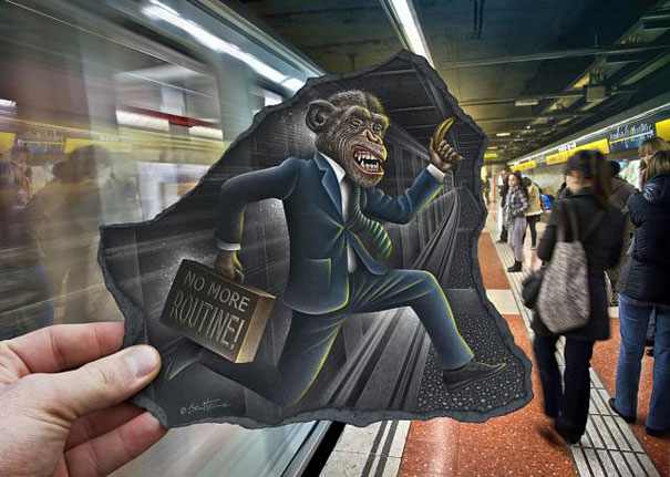 Maravillosos Dibujos Del Artista Ben Heine, mono en el metro