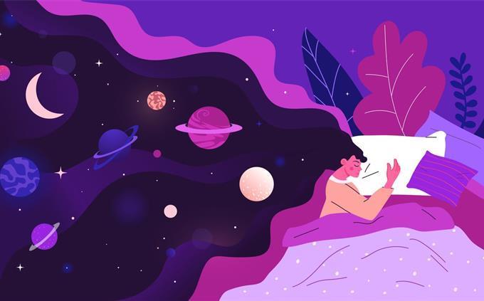 Lo que tus hábitos de sueño revelan sobre tu futuro: ilustración de una mujer durmiendo y soñando con estrellas