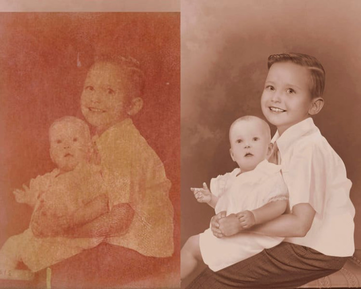Fotos Restauradas Digitalmente, un bebé y un niño