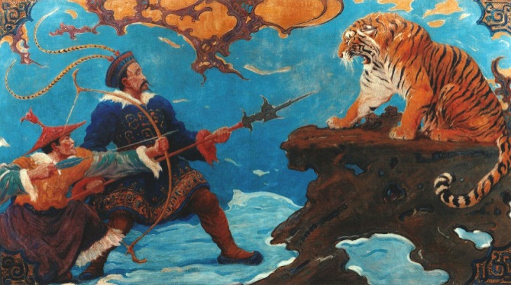“Tigre de Manchuria manteniendo a raya a los cazadores” (1917) de Charles R. Knight