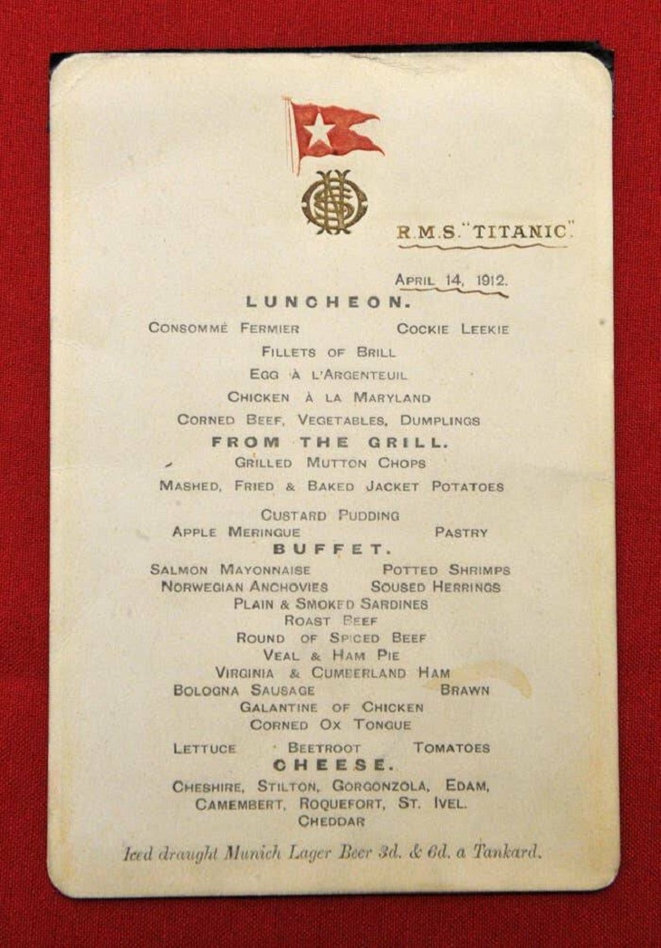 El menú de primera clase a bordo del Titanic el día que se hundió