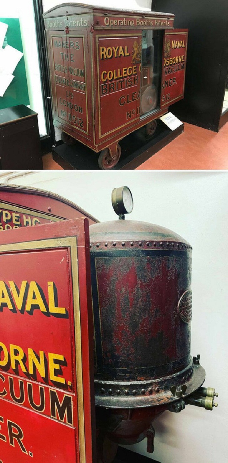 Orígenes De Inventos Famosos, aspirador británico con carrito rojo original