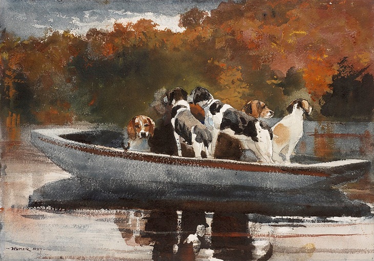 Pinturas De Perros Famosas, Perros de caza en bote de Winslow Homer (1889)