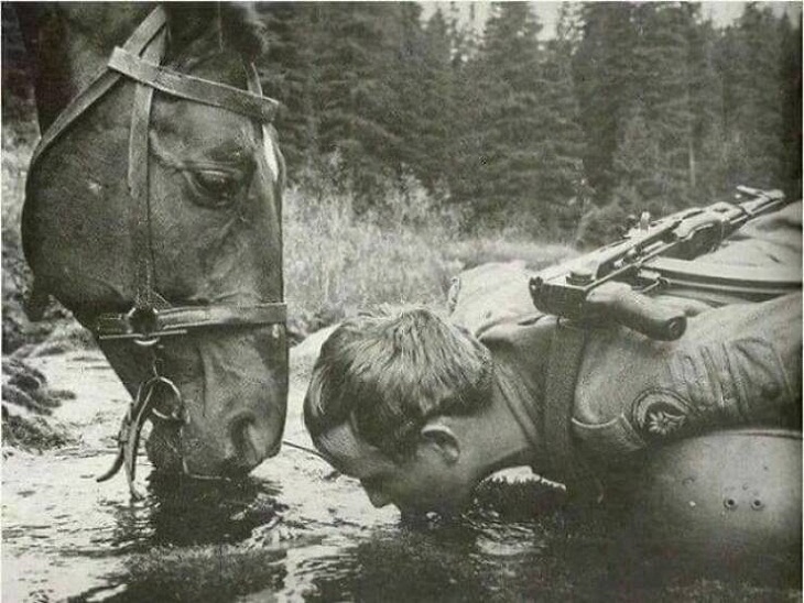 Fotos Históricas Rara Vez Vistas, guardia y caballo bebiendo agua