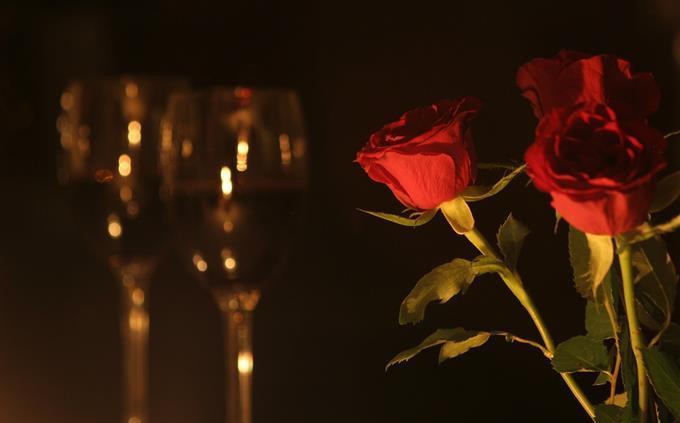Prueba de flores y romance: rosas y copas de vino