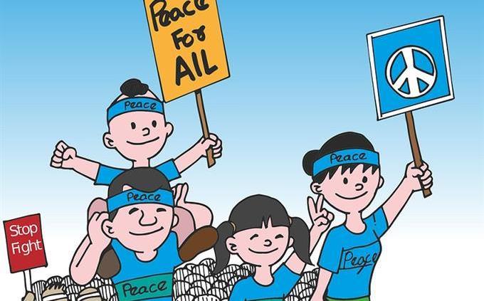 Un dibujo de una familia manifestándose por la paz con carteles.