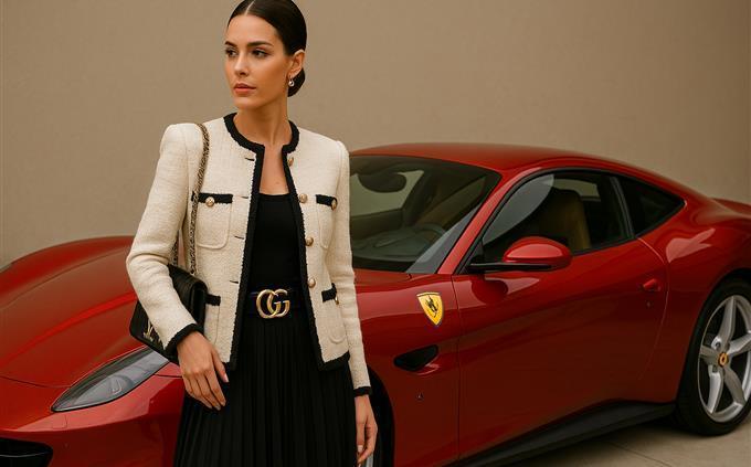Trusia de lujo: una mujer vestida con marcas de lujo cerca de Ferrari